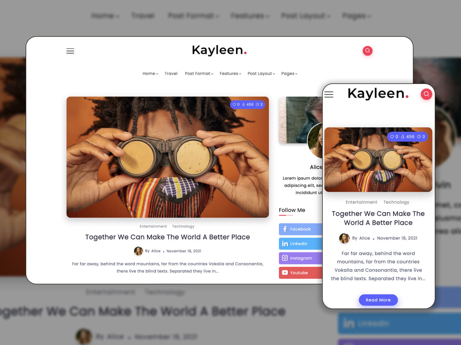 Captura de pantalla de Kayleen, una de las mejores plantillas de blog de Elementor en un esquema de color claro.