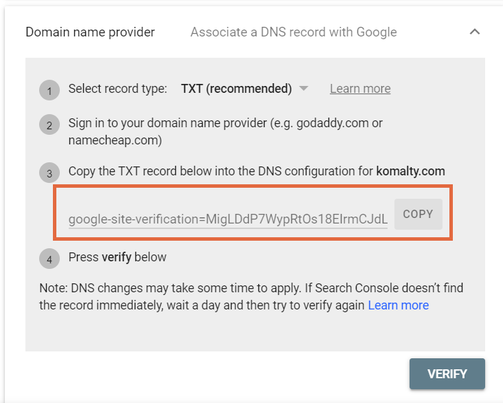 การตั้งค่าการยืนยันผู้ให้บริการชื่อโดเมนใน Google Search Console