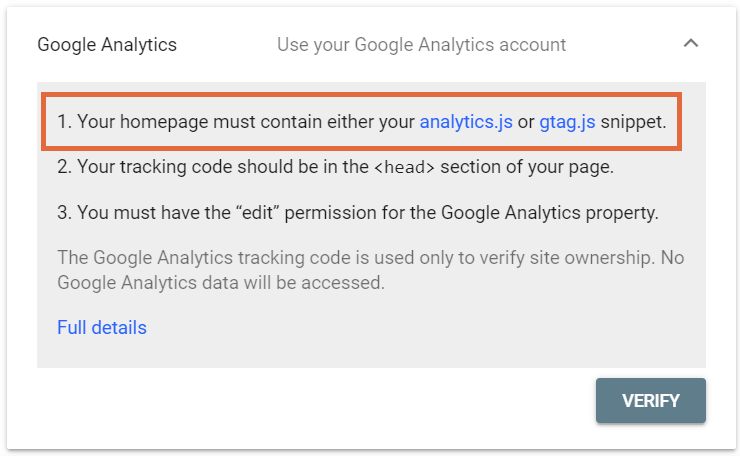 Параметры проверки Google Analytics и Менеджера тегов в Google Search Console