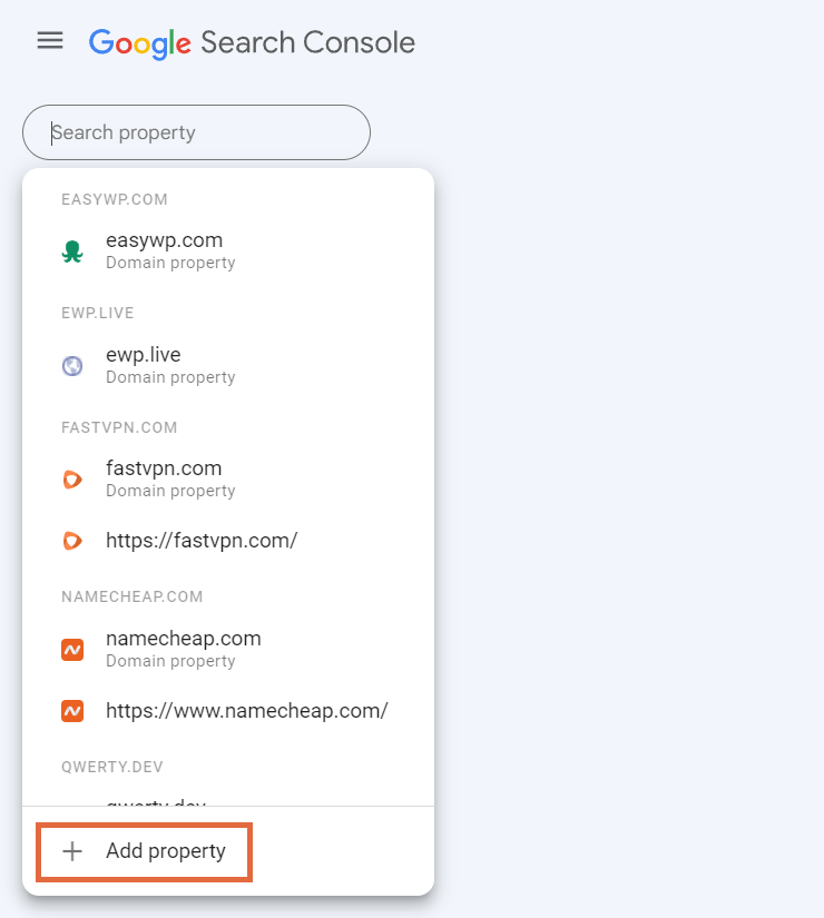 เมนูแบบเลื่อนลงเพื่อเพิ่มพร็อพเพอร์ตี้ใน Google Search Console จะปรากฏขึ้น