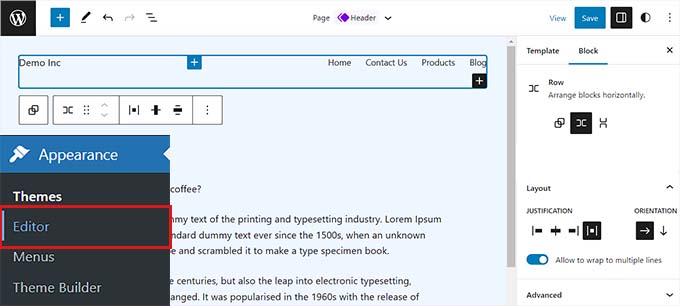 Double click the Header block to open up its settings in the right column