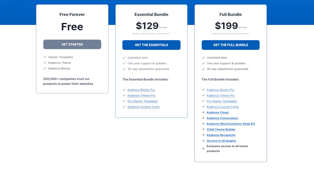 Kadence Blocks 3.0 価格表のスクリーンショット