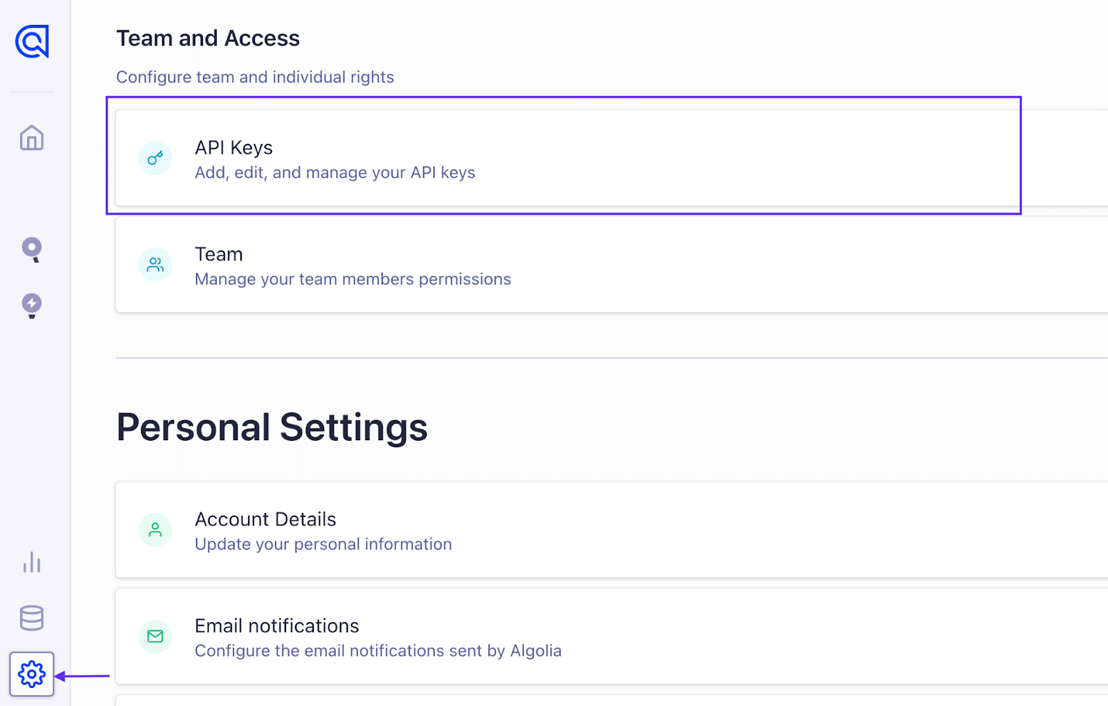 Navegando para a página Chaves de API no Algolia Cloud