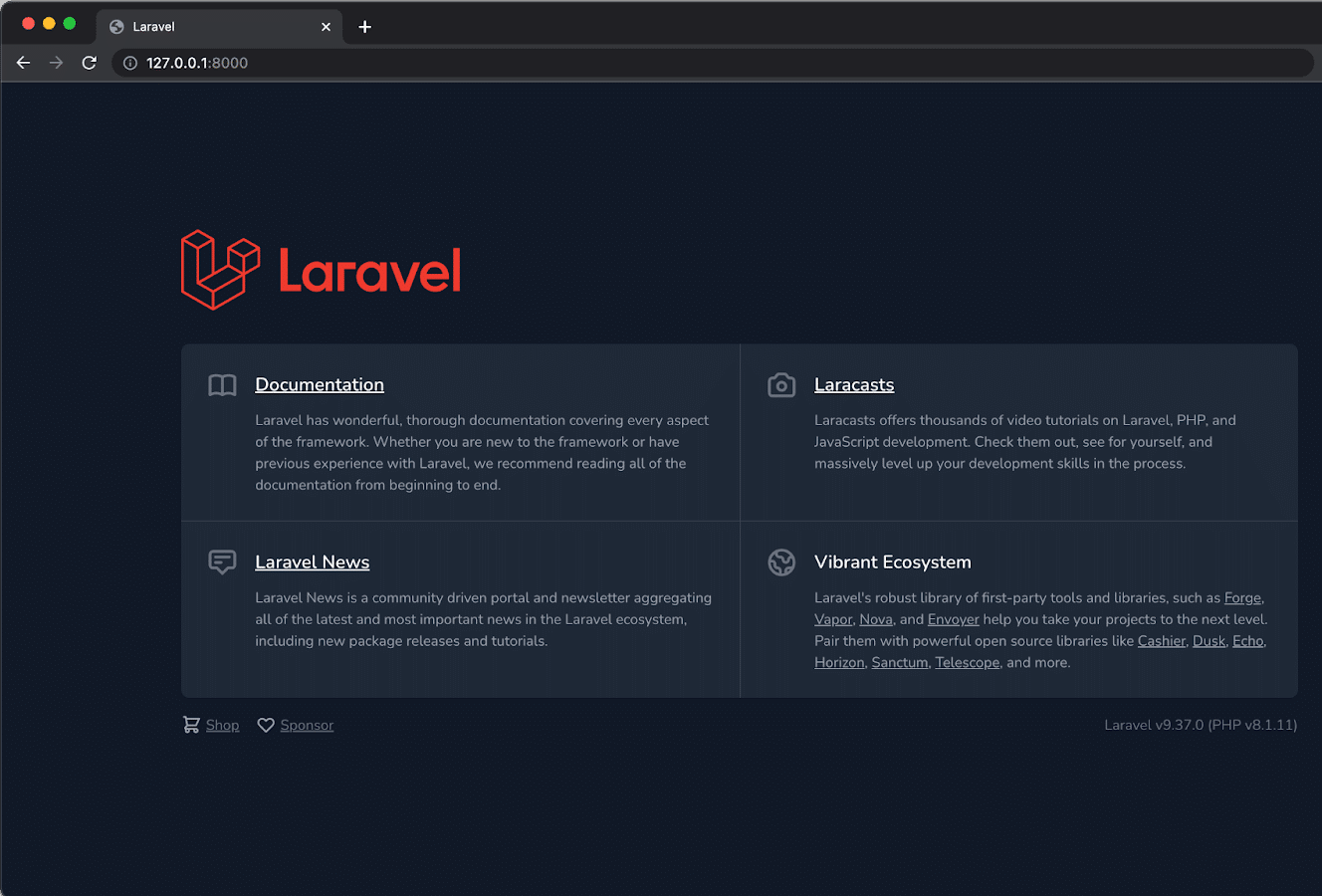 صفحة الترحيب في تطبيق Laravel