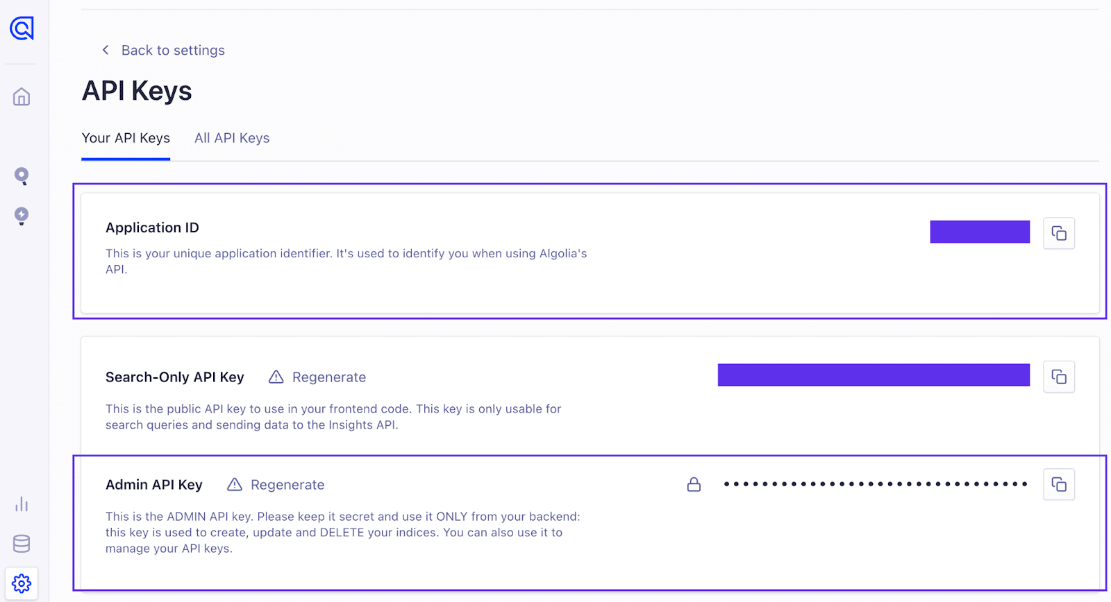 Visualizzazione dell'ID applicazione e delle chiavi API di amministrazione dalla pagina Chiavi API Algolia