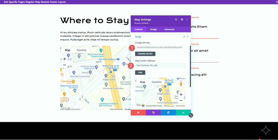 Mapa de ancho completo Divi VS Módulo de mapa Dirección de mapa de API regular