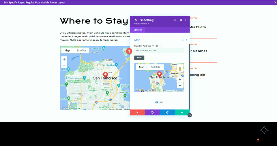 Divi Mapa de ancho completo VS Módulo de mapa Dirección de pin de mapa normal