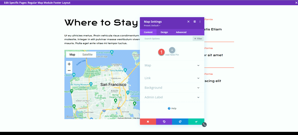 Divi Fullwidth Map VS Módulo de mapa Agregar pin regular