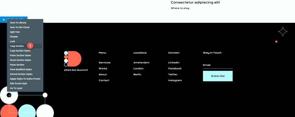 Divi Fullwidth Map VS Модуль копирования нижнего колонтитула