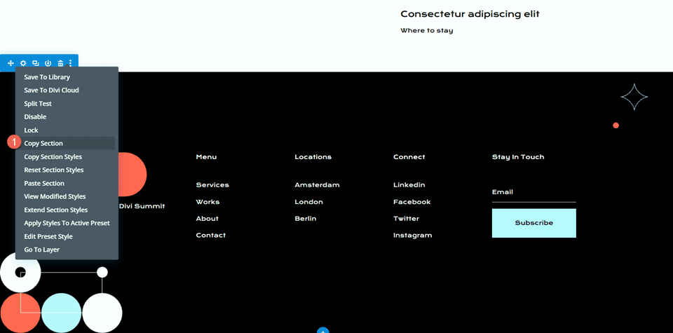 Divi 전폭 맵 VS 맵 모듈 바닥글 섹션 복사