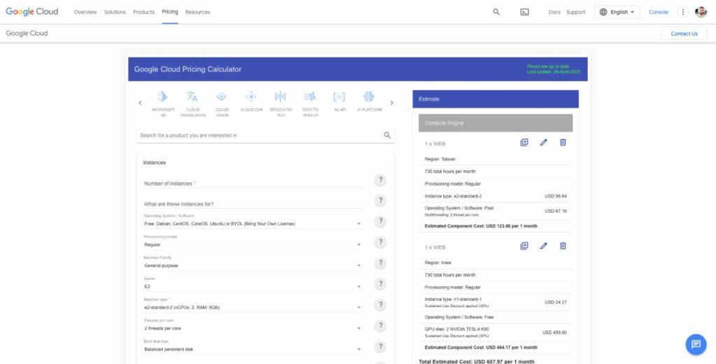 حاسبة تسعير Google Cloud VPS