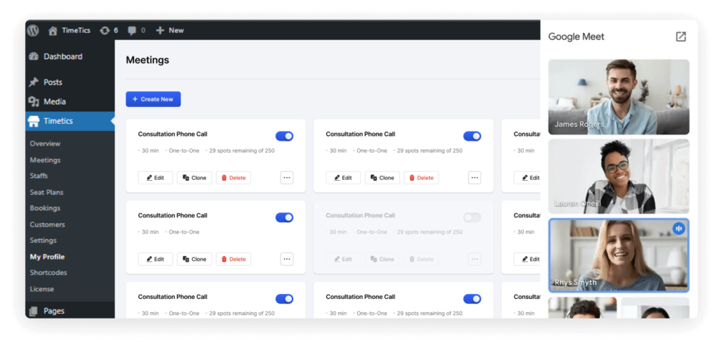 Google Meet 和日历与 timetics 集成的屏幕截图