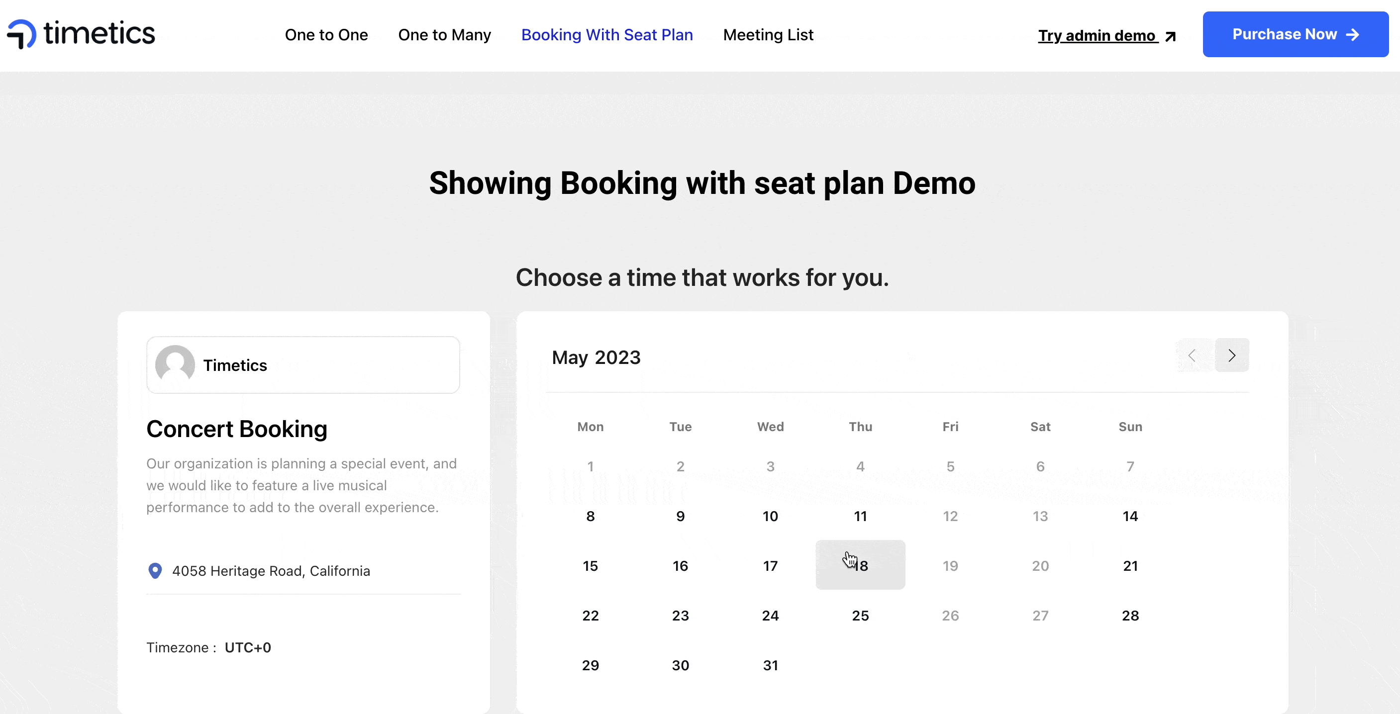 timetics 内の座席表を使用した予約を説明する gif