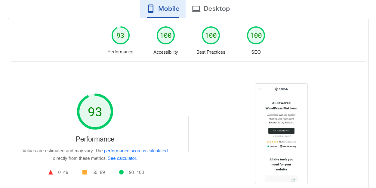 Pontuação de velocidade da página do Google