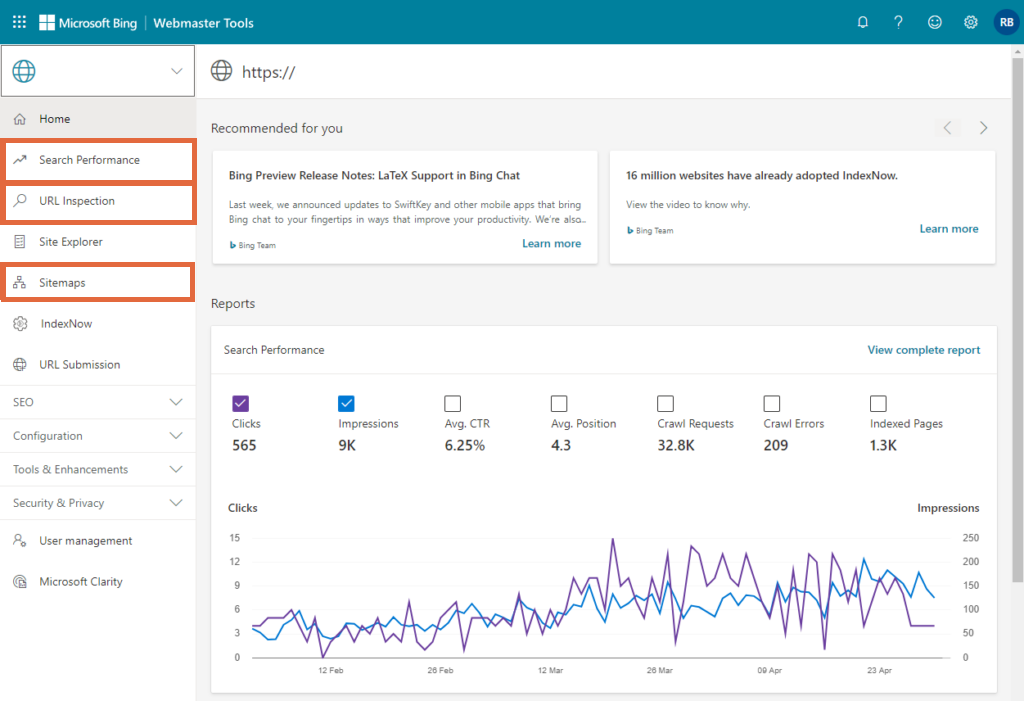 Eine Gesamtansicht des primären Bing Webmaster Tools-Dashboards.