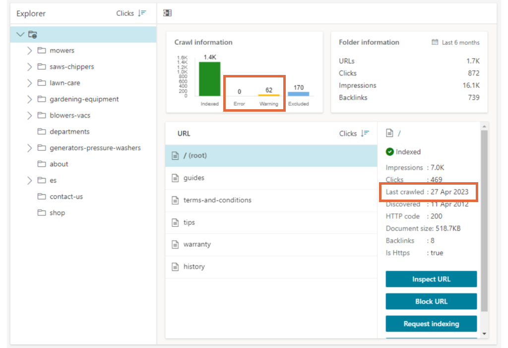 Erros de rastreamento e outros dados de uma análise de desempenho do Bing Webmaster Tools.