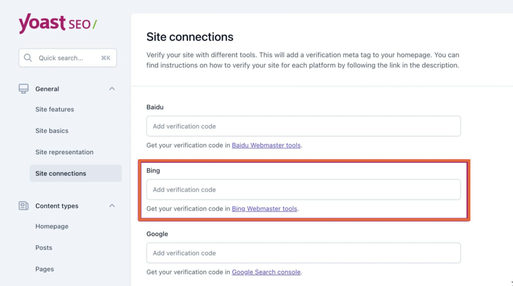 Opsi validasi Bing Webmaster Tools di Yoast.