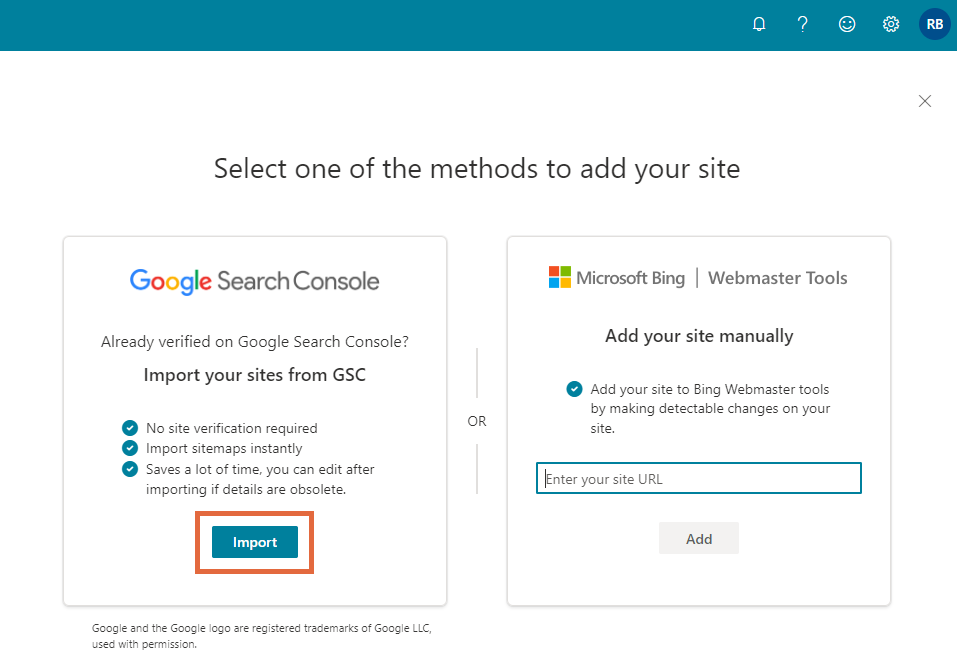 As opções de validação do site nas Ferramentas do Bing para webmasters.