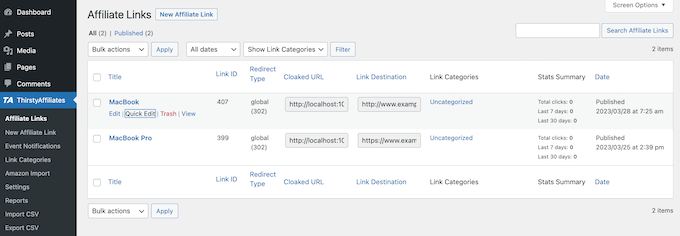 Adding affiliate URLs to the ThirstyAffiliates dashboard