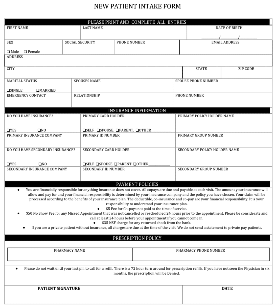 An example of a patient intake form of a hospital clinic