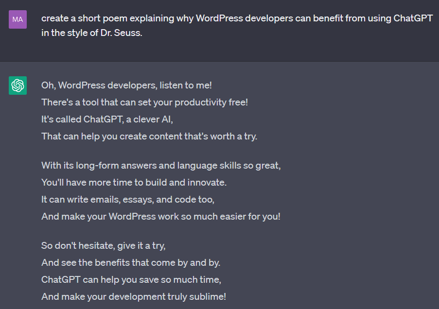 Una poesia per gli sviluppatori di WordPress generata da ChatGPT