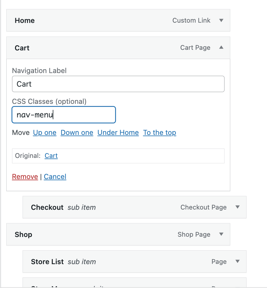 لقطة شاشة حول كيفية إضافة فئة CSS إلى القائمة