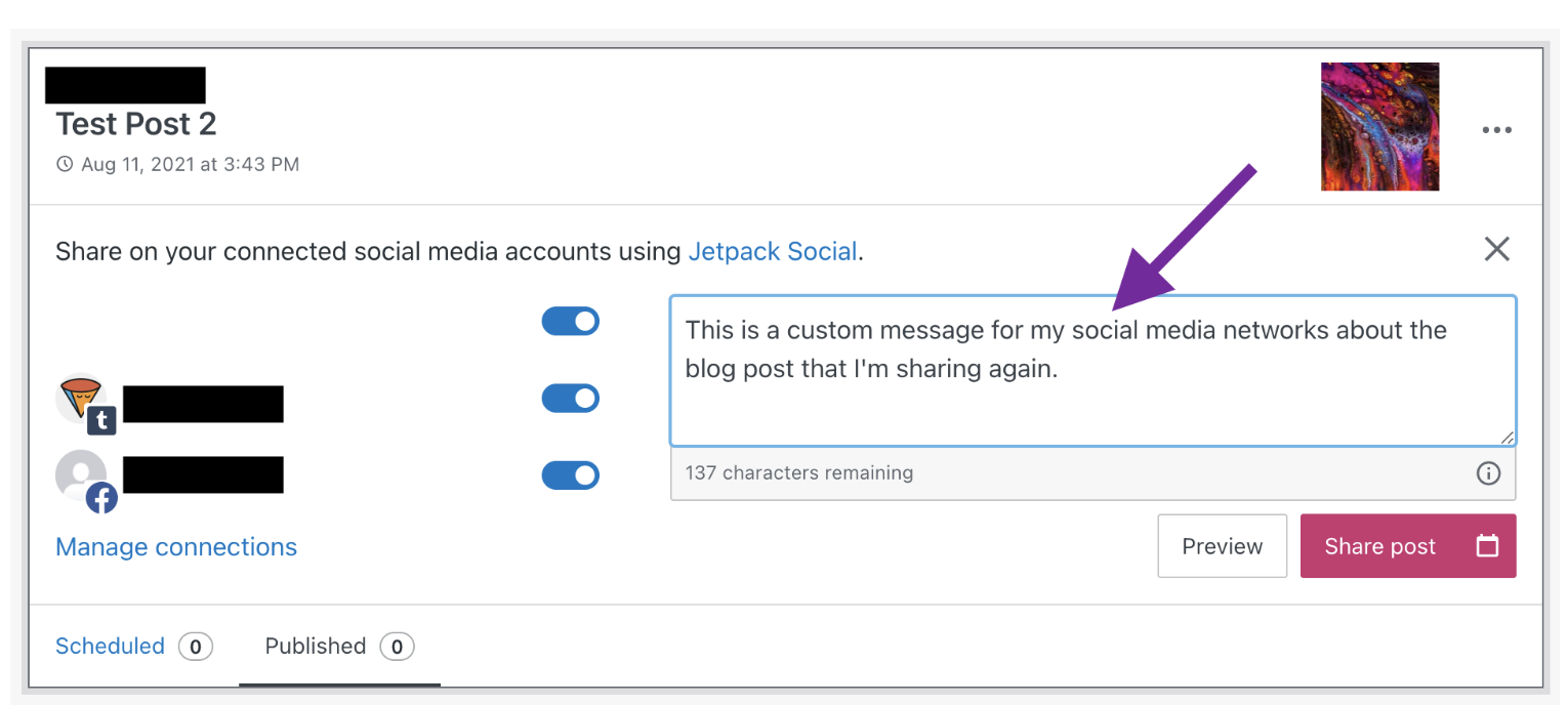 personalizzare un messaggio per i social media utilizzando Jetpack Social