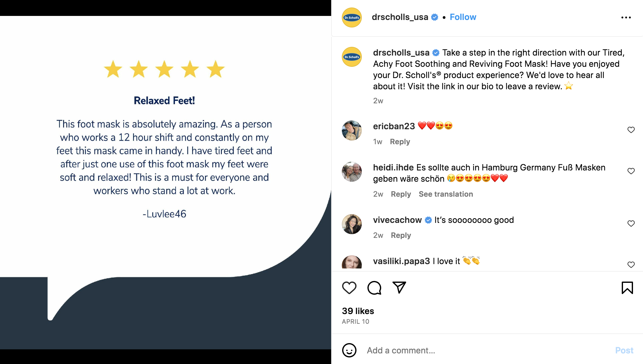 una testimonianza pubblicata sull'account Instagram del Dr. Scholls