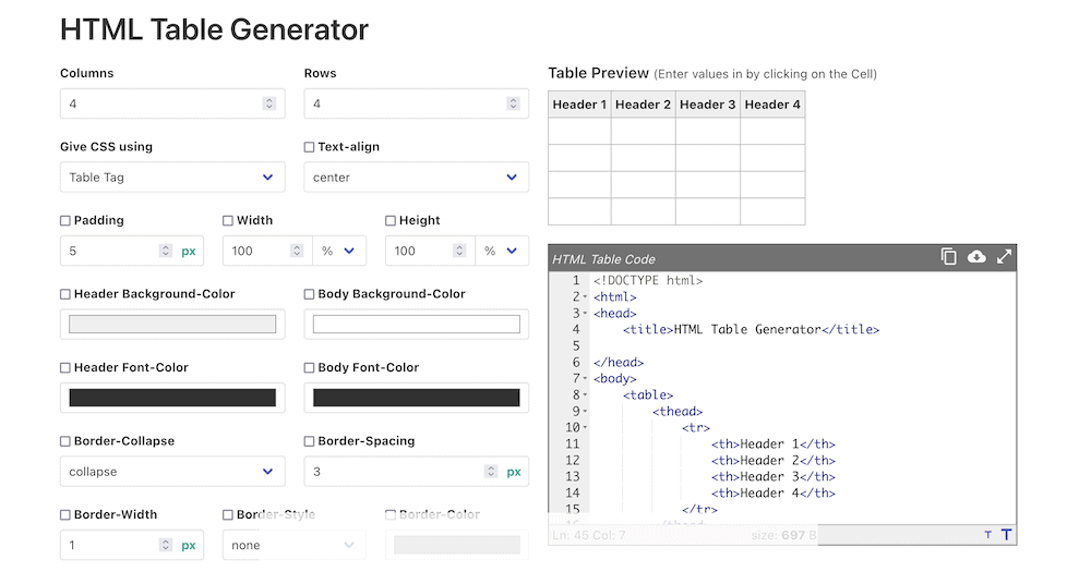 منشئ جدول HTML يعرض كود HTML وعرض الواجهة الأمامية للجدول ، جنبًا إلى جنب مع خيارات CSS.