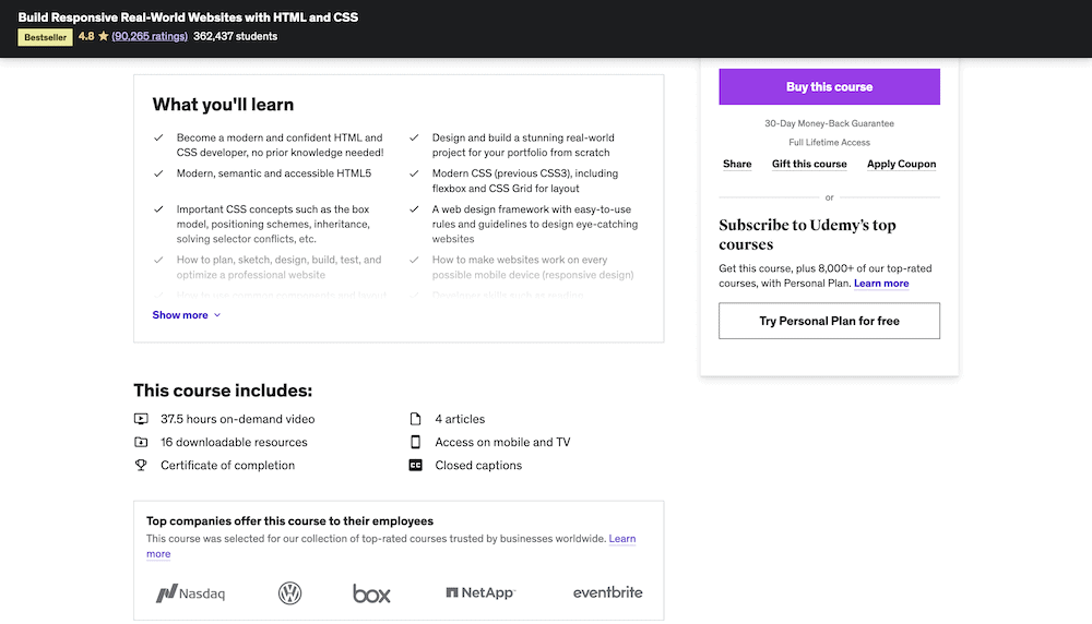 HTMLおよびCSSコースのUdemyコースのフロントページ。