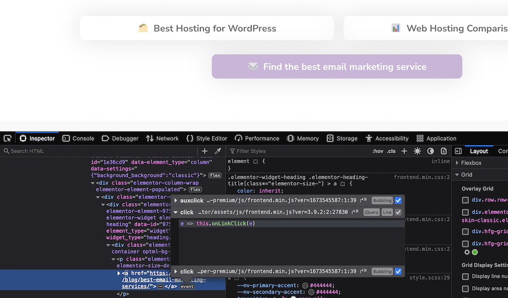 Memeriksa tombol di situs web, menampilkan kode JavaScript untuk tindakan saat diklik.