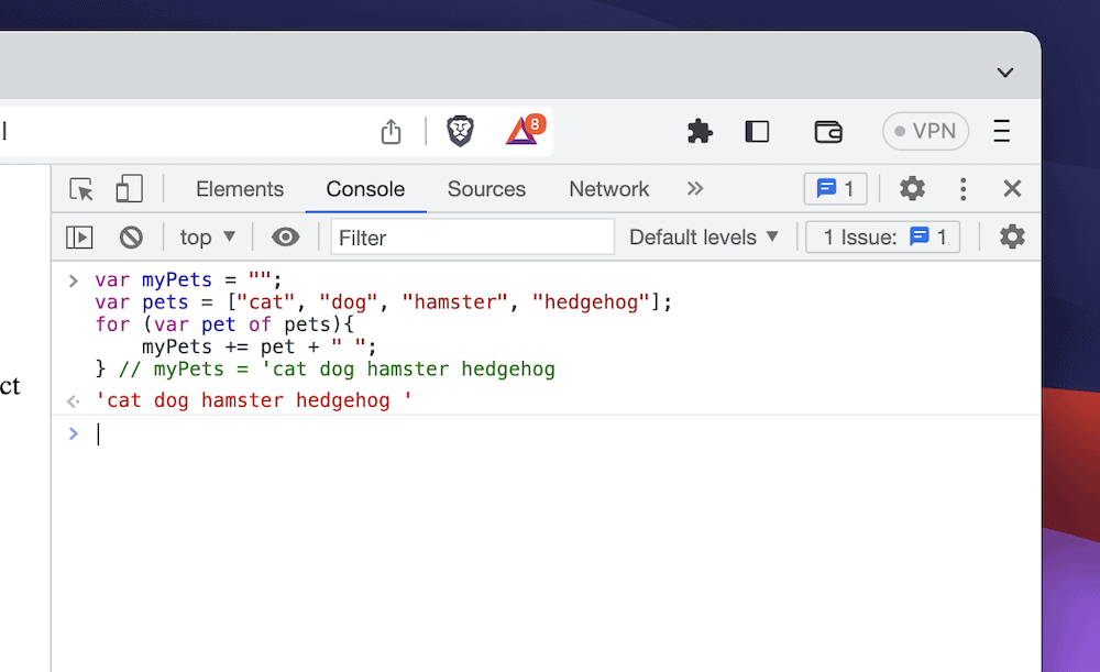 คอนโซล JavaScript แสดงตัวอย่าง JavaScript และเอาต์พุตของรายการสัตว์เลี้ยง