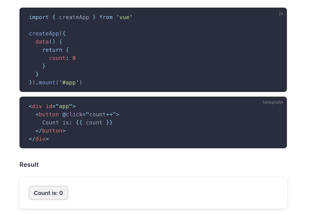 รหัสสำหรับกรอบ Vue เพื่อสร้างส่วนติดต่อผู้ใช้สำหรับฟังก์ชันการนับ