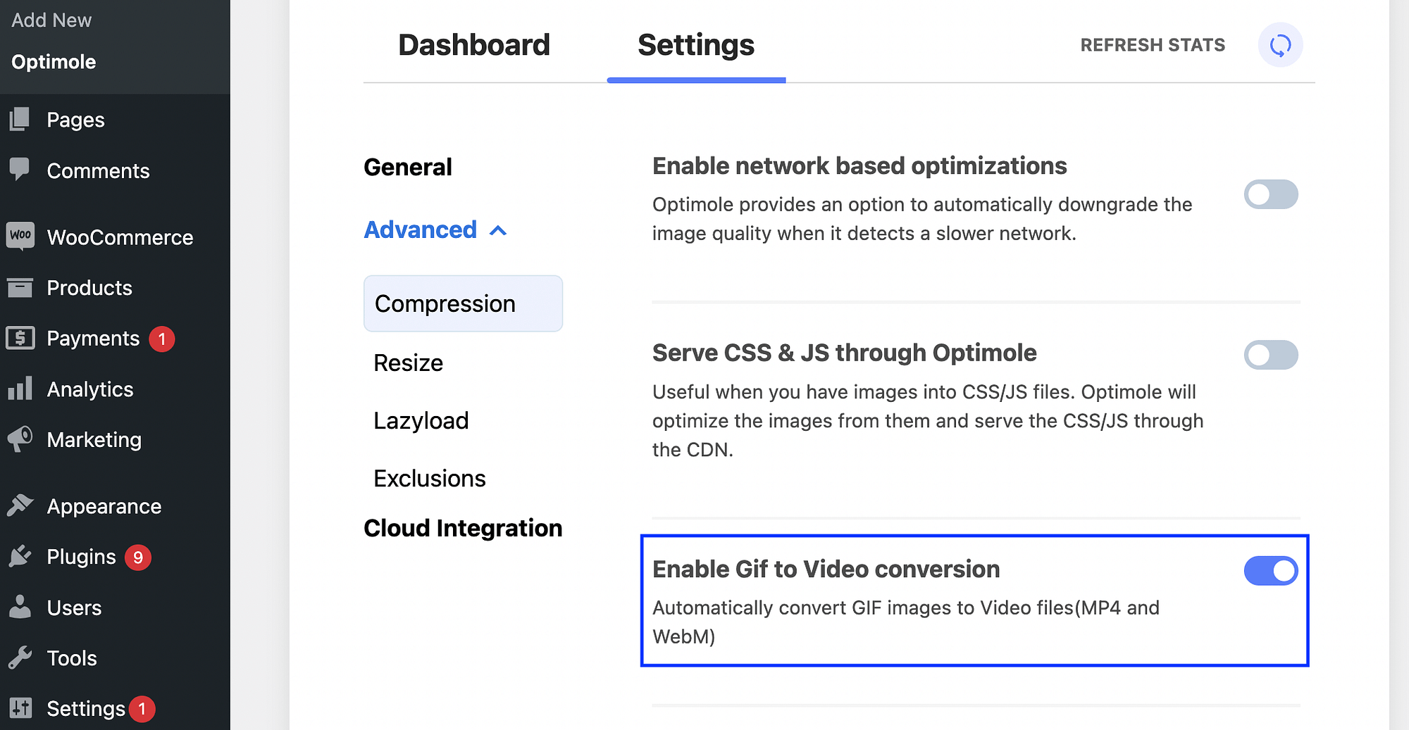 在 Optimole 中启用 GIF 到视频的转换，以将视频格式用于动画内容。