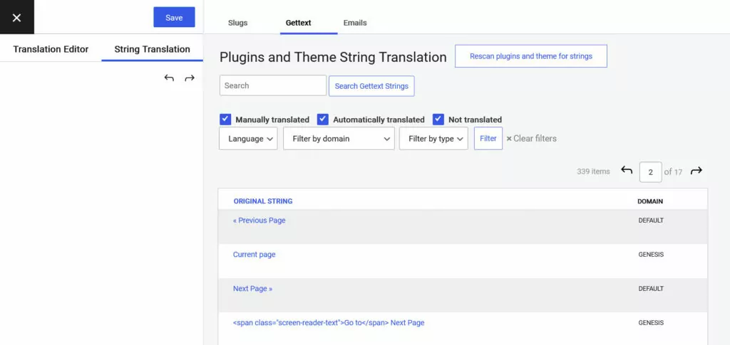 antarmuka terjemahan string translatepress