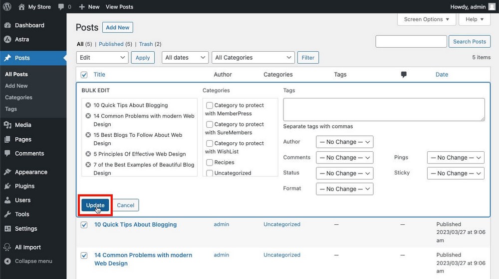 Posting pembaruan massal di WordPress