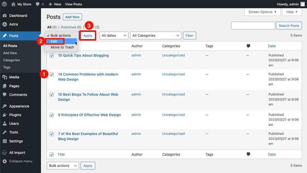 Massenbearbeitung von Beiträgen in WordPress