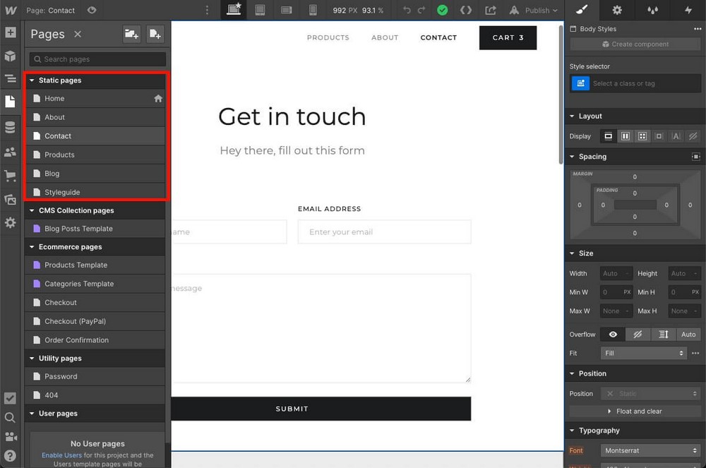 Pagine in Webflow