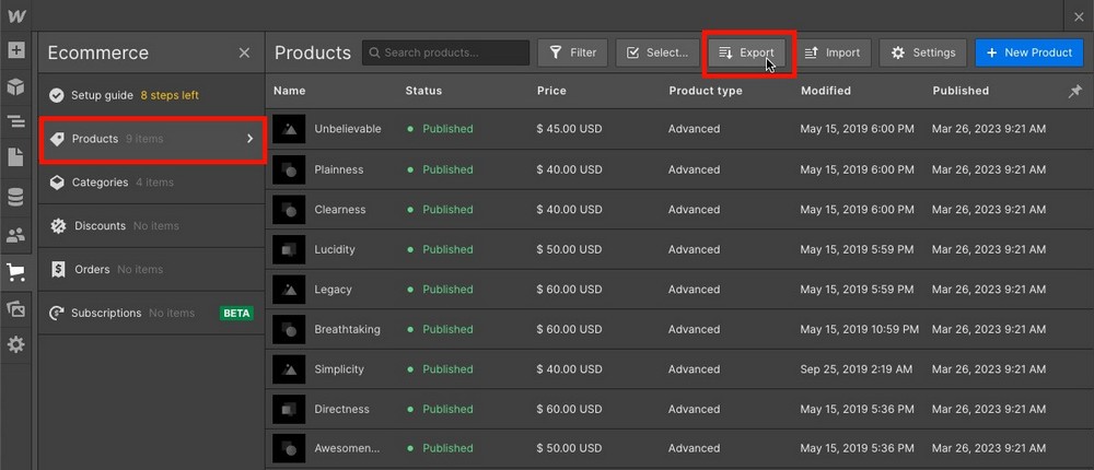 Eksportowanie produktów Webflow
