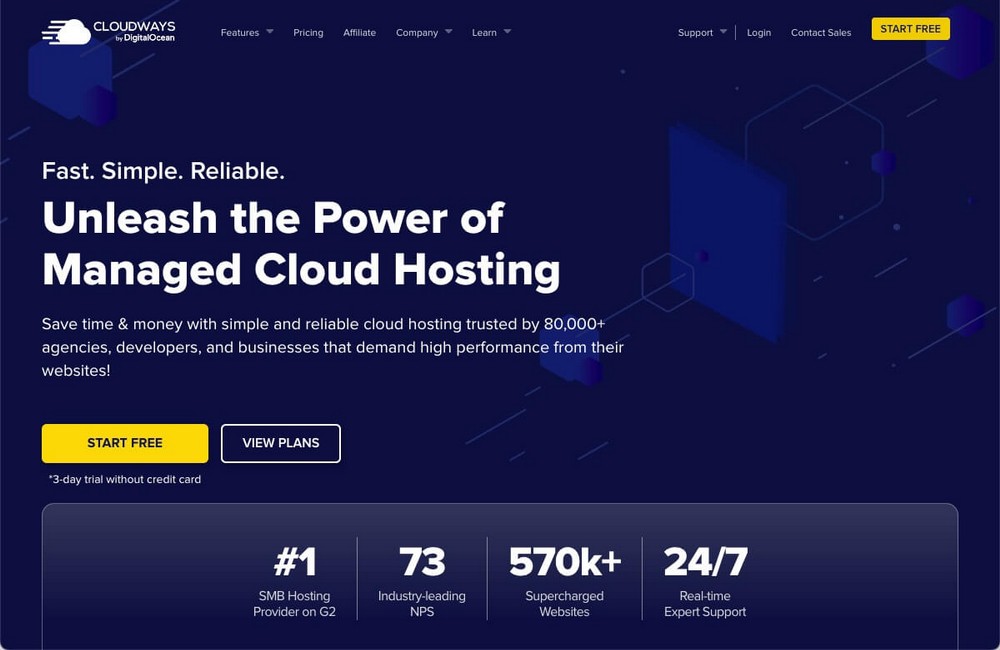 Home page dell'hosting di Cloudways