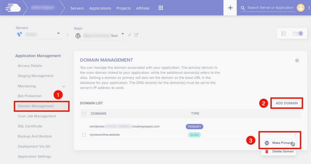 Aggiungi un nuovo dominio in Cloudways