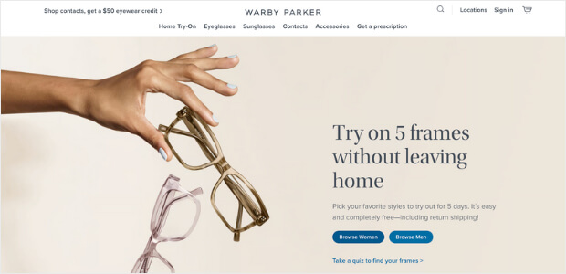 home page di warby parker