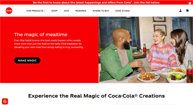 home page della coca cola