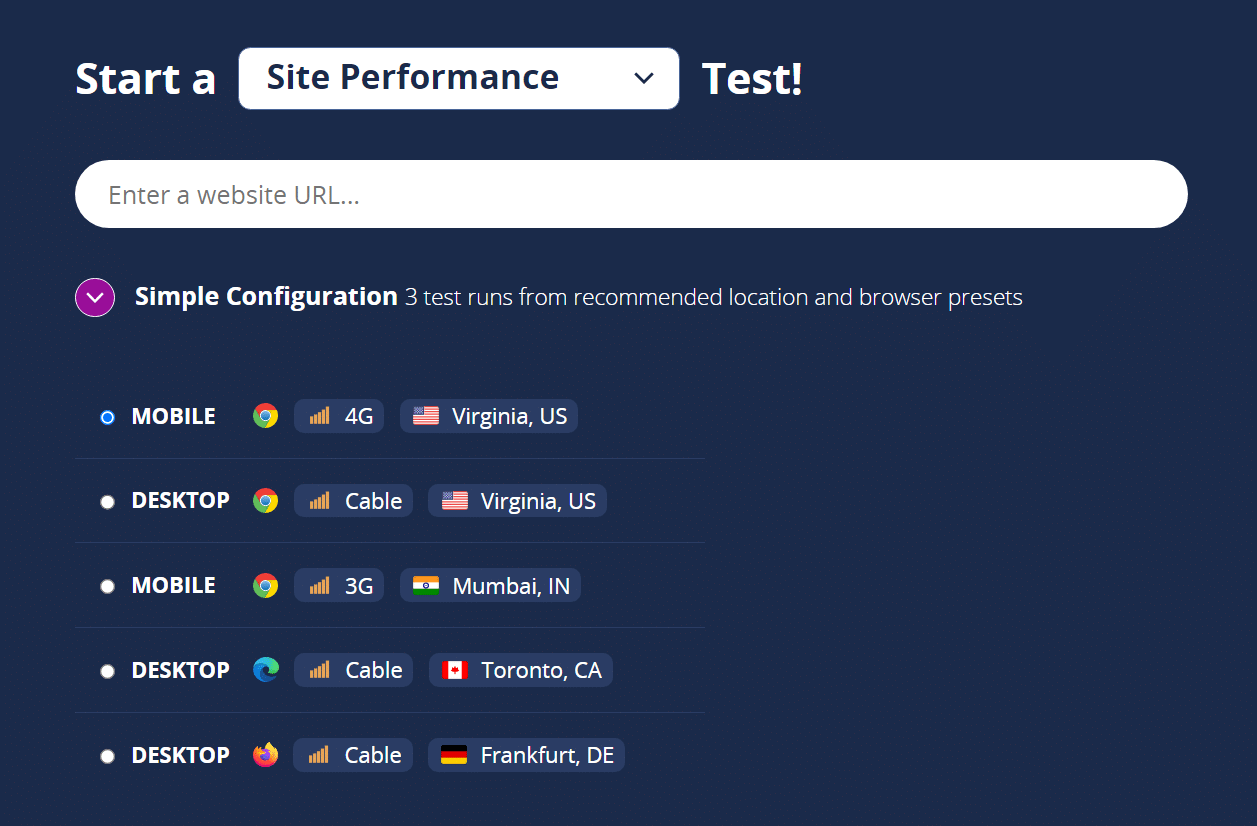 بدء اختبار على WebPageTest