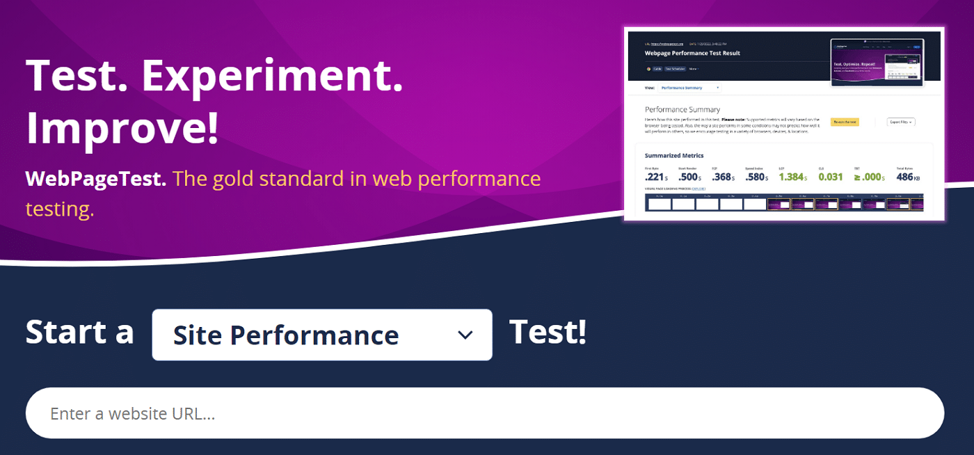 الصفحة الرئيسية لاختبار WebPageTest