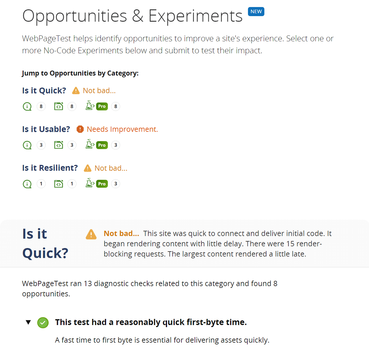 Sezione Opportunità ed esperimenti su WebPageTest