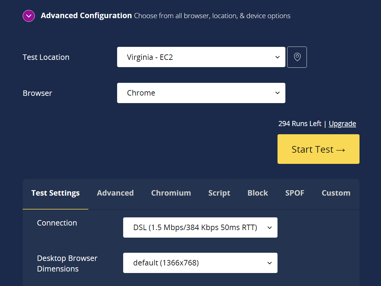 Definindo as configurações no WebPageTest