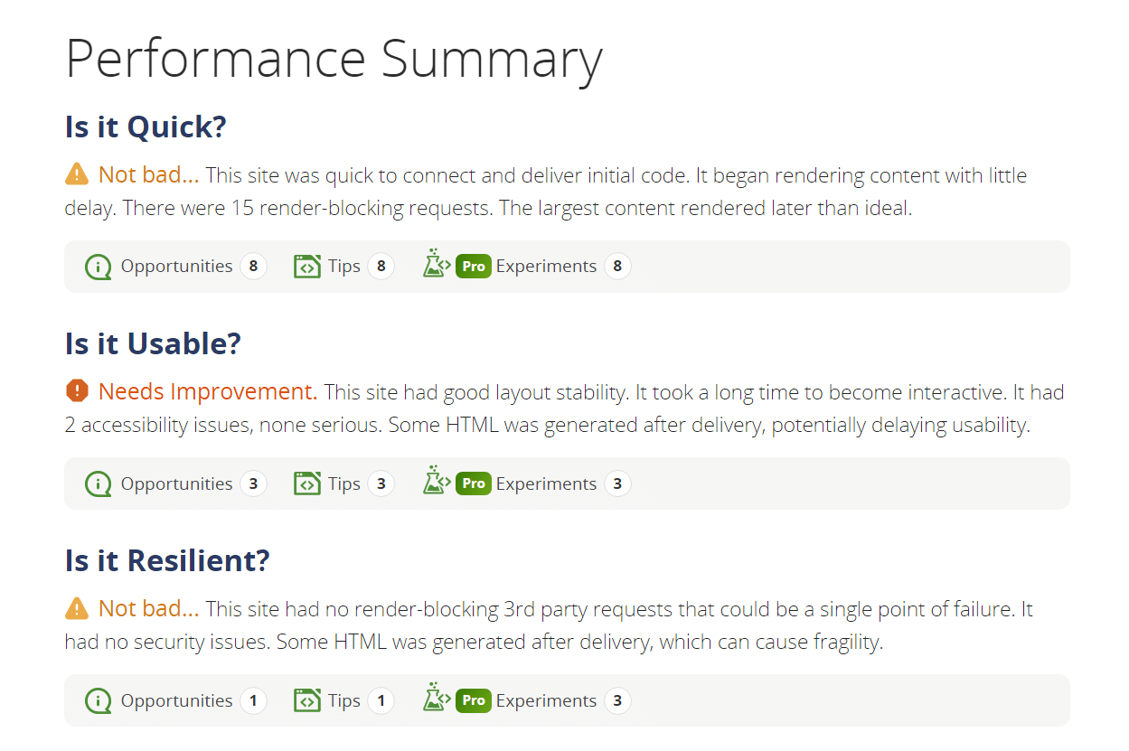 Resumo de desempenho por WebPageTest