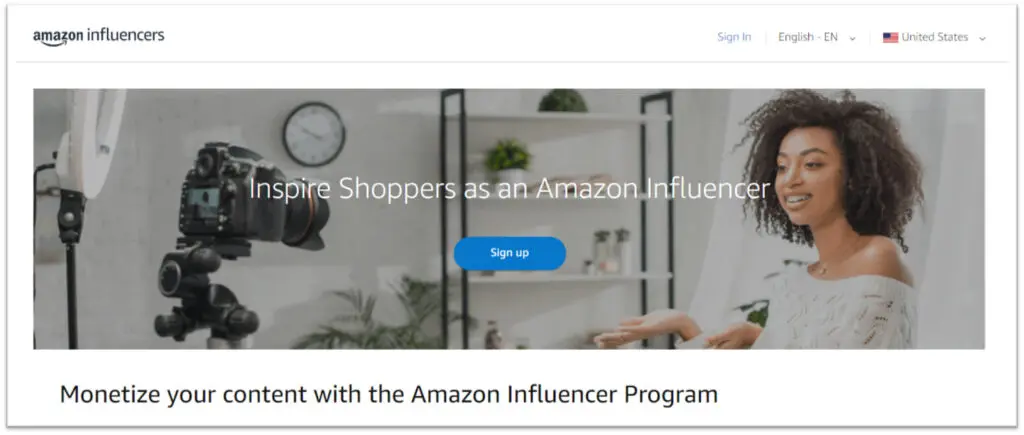 หน้าแรกของโปรแกรม Amazon Influencer