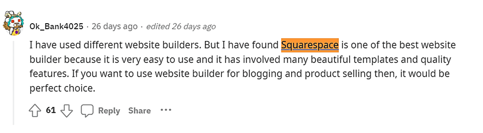 Templat situs web Squarespace menurut reddit.